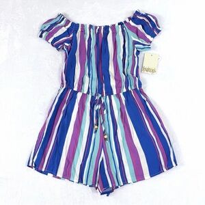 Bebop Women Junior Romper M Blue Purple Pink Stripe Off Shoulder Tie Detail NWT